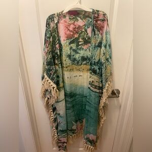 Floral & Watercolor Fringe Kimono Dress in Green and Pink